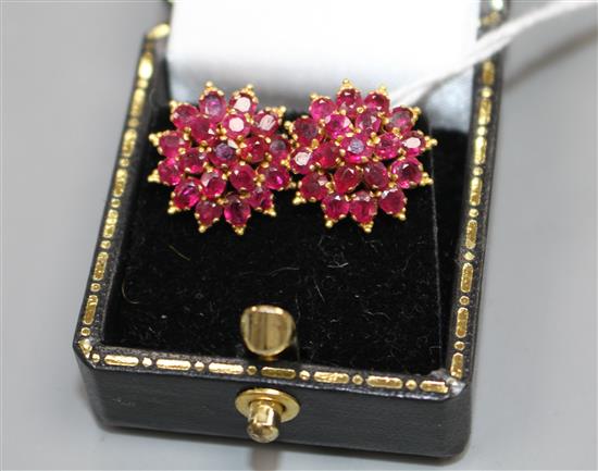 A pair of yellow metal and ruby cluster set flower head earrings, 13mm, gross weight 4.9 grams.